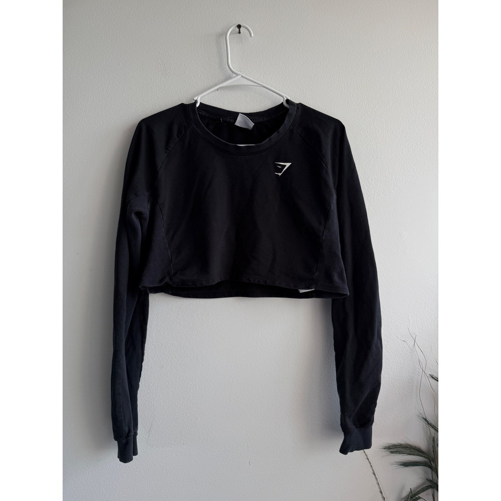 Gymshark Womens Black Long Sleeve Cropped Sweatshirt Logo Crew Neck Size M